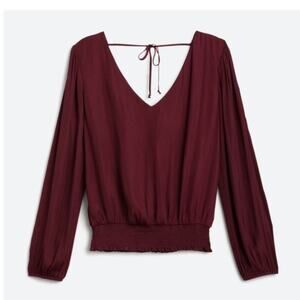 Nine Britton Satin Long Sleeve Smocked Waist Blouse Top Large Tie Back